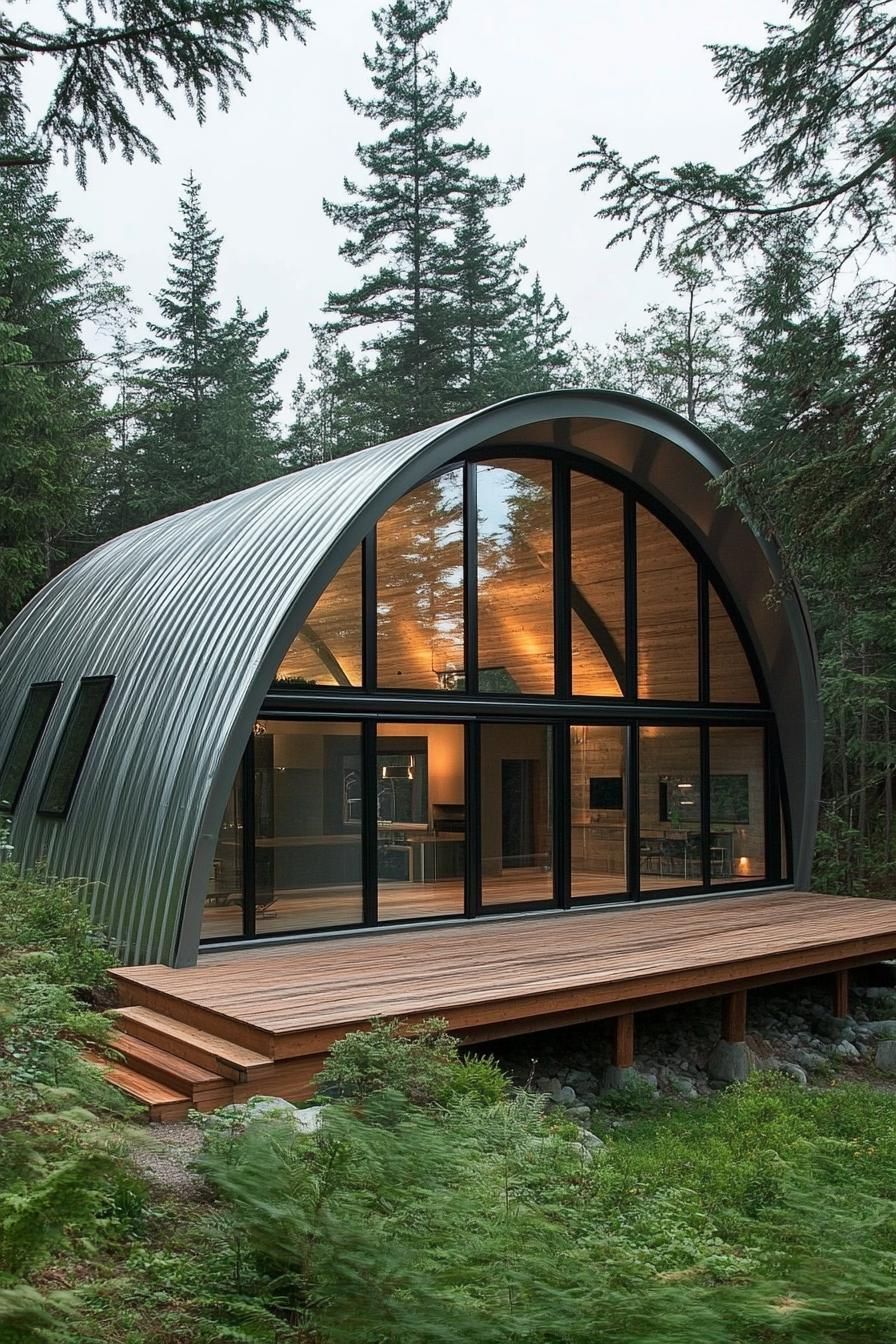 Quonset hut with large glass windows in a forest setting