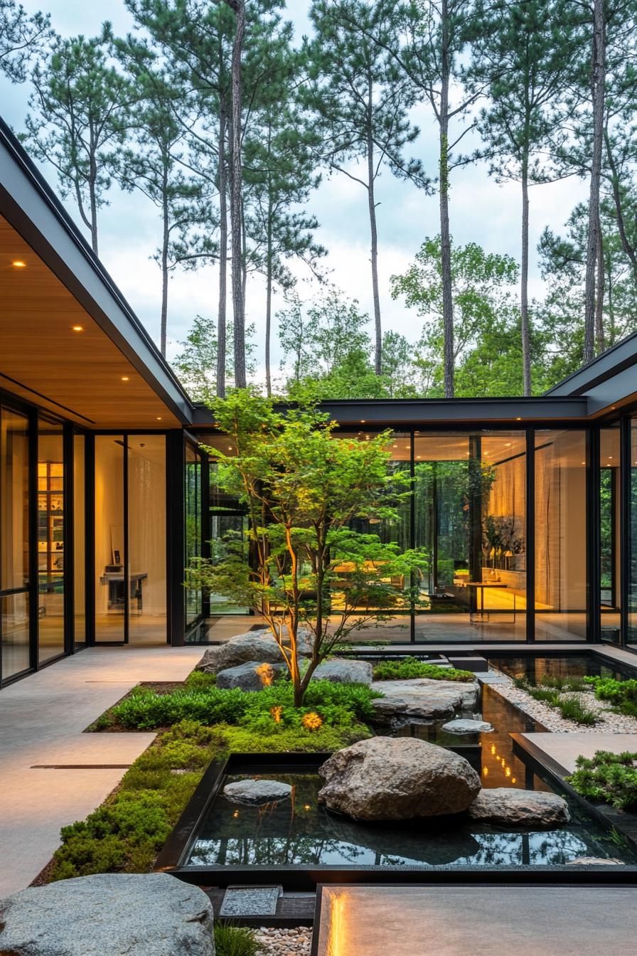 Minimalist courtyard with central tree, rocks, and a serene atmosphere