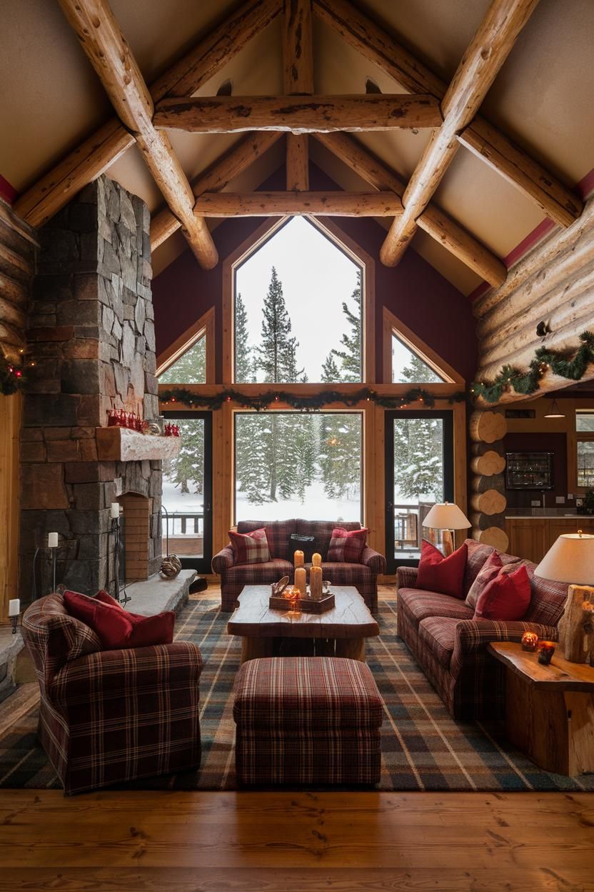 Cozy cabin living room with log beams and stone fireplace