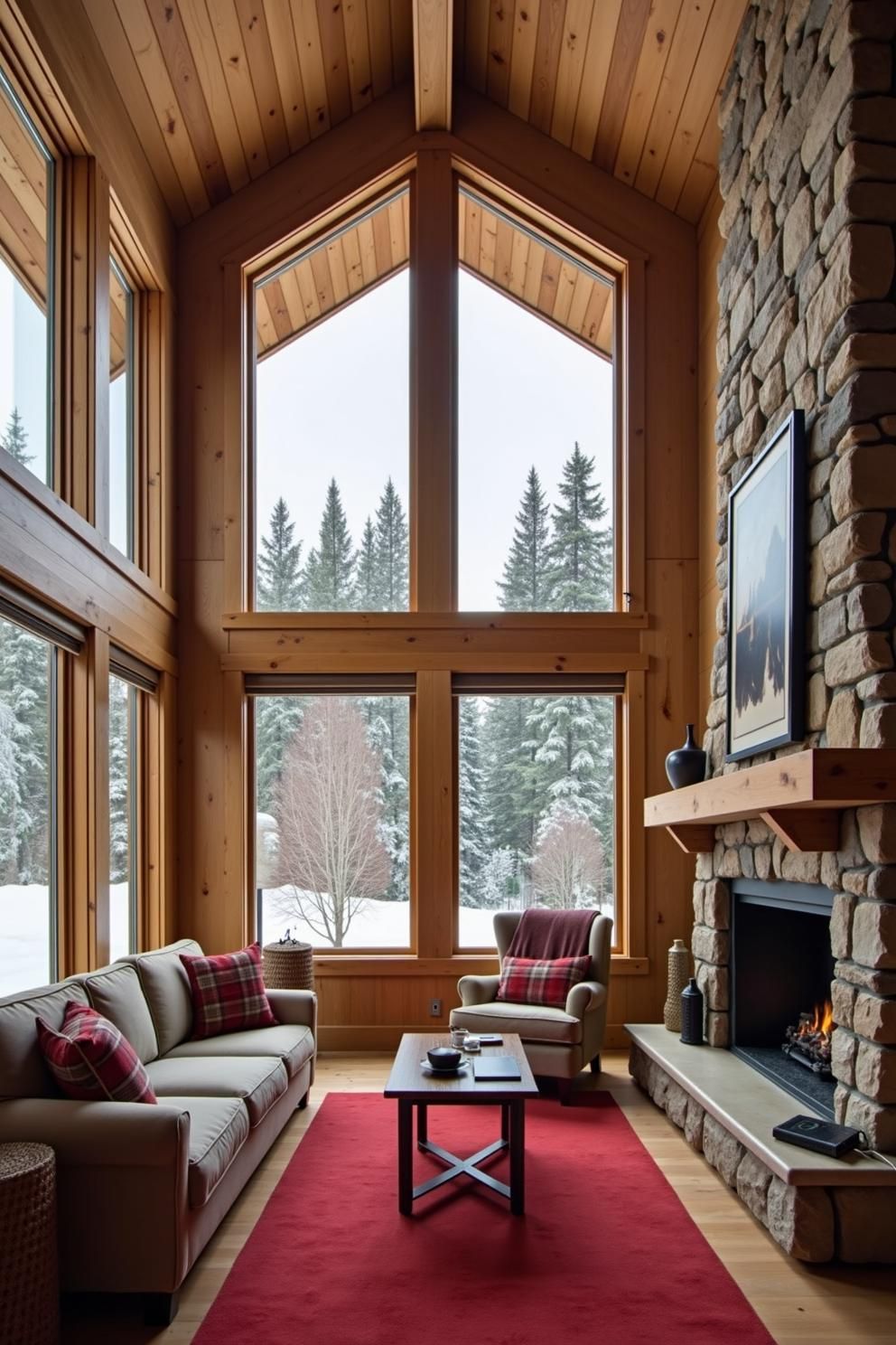 Cozy living room with towering windows, perfect for winter warmth