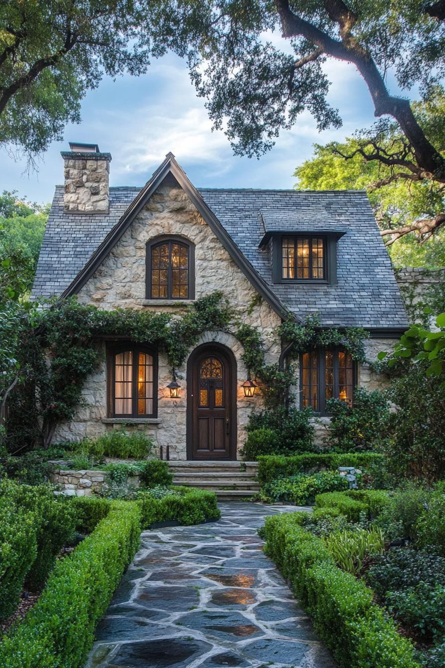 Charming stone cottage with lush greenery