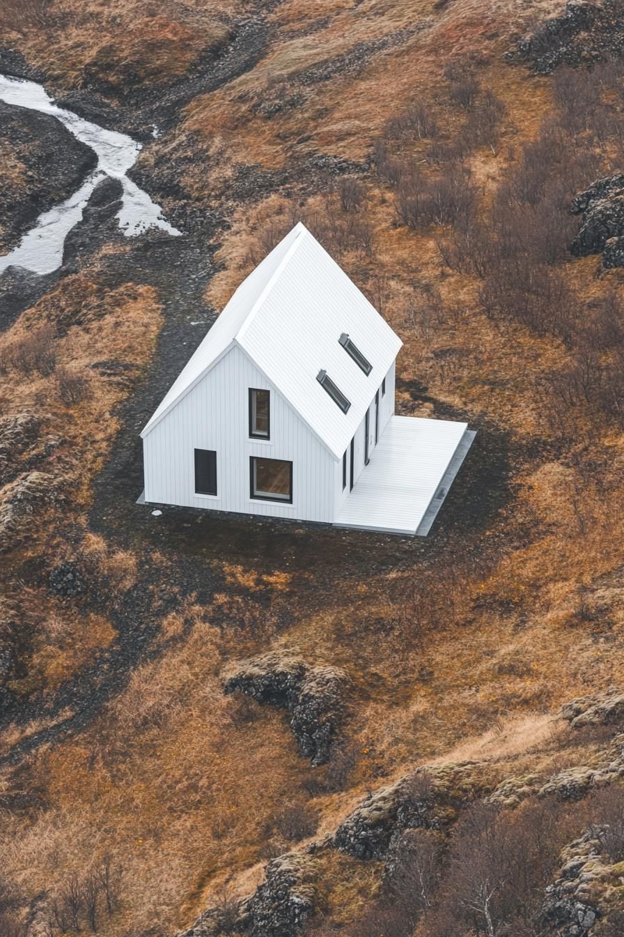 aerial view of a modern a frame house with white siding and white roof in stunning Icelandic landscape with thermal streams contrasting colors 2