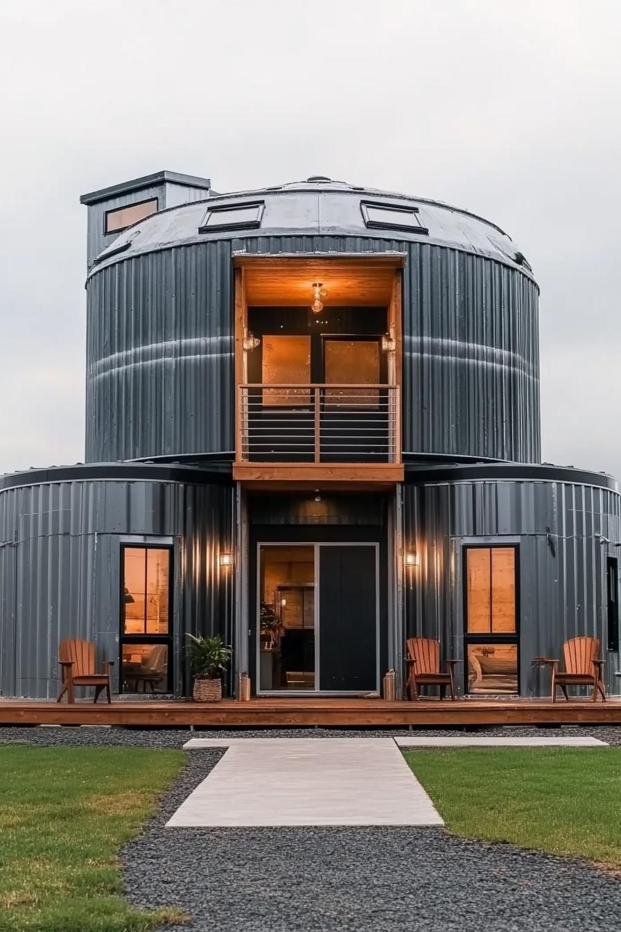 modern house made of metal grain silo and shipping containers on both sides it has modern windows and natural wood accents front paved yard with 2