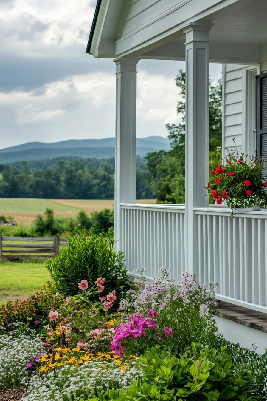 front porch of a white farmhouse overlooking picturesque farmlands and a flower garden with wooden fence 1