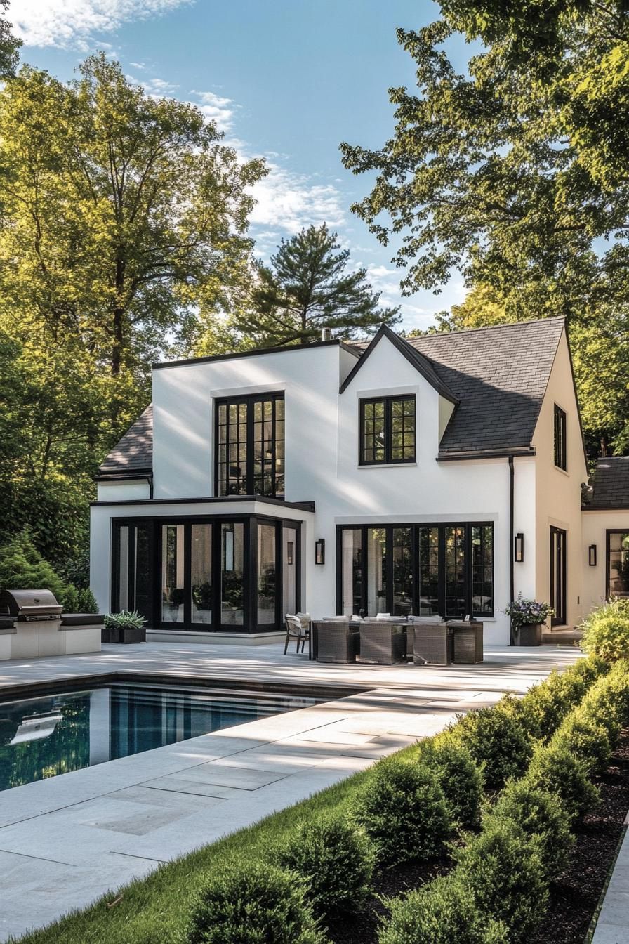 modern white european cottage with large white trim windows paved backyard with a pool geometric shrubs and tall trees 3