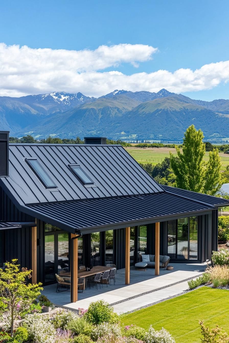 high angle view of a black modern farmhouse with black metal multi pitch roof large porch with wood beam posts v 6.1