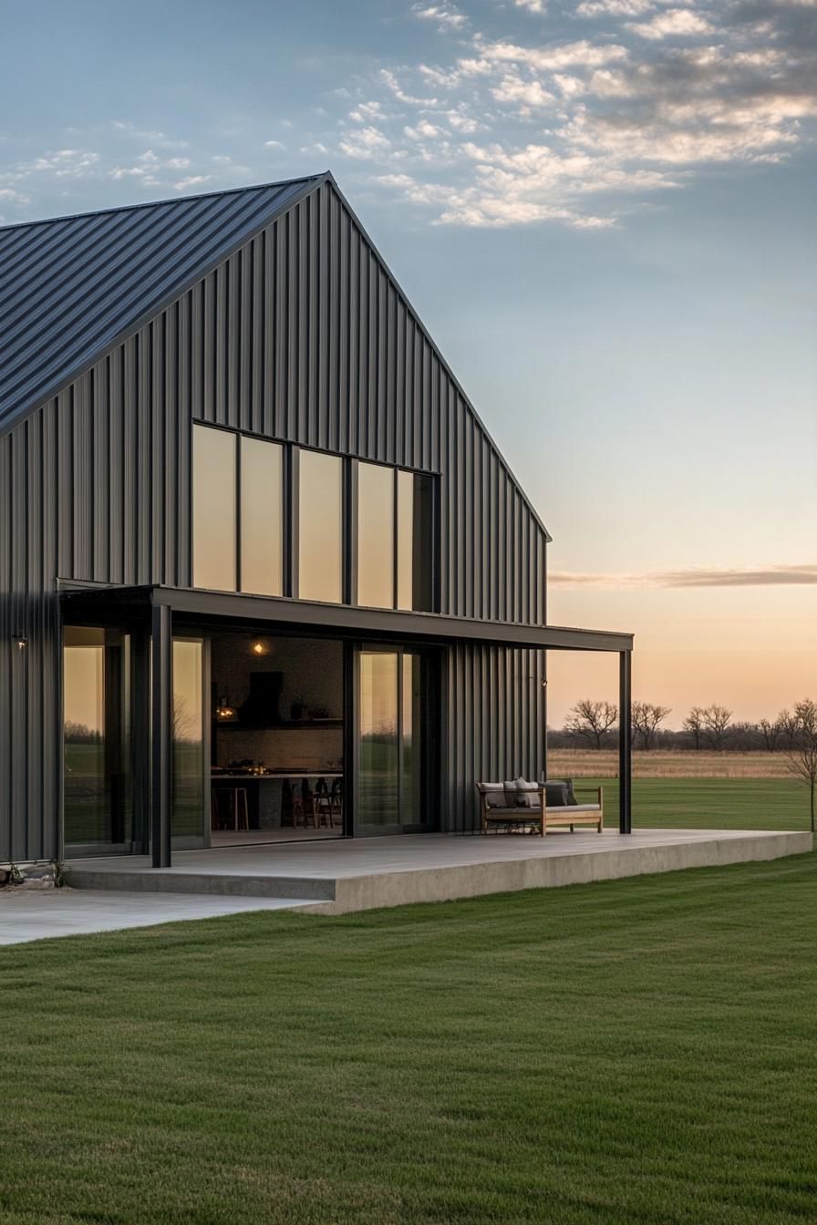 Sleek metal barndominium with reflective glass windows