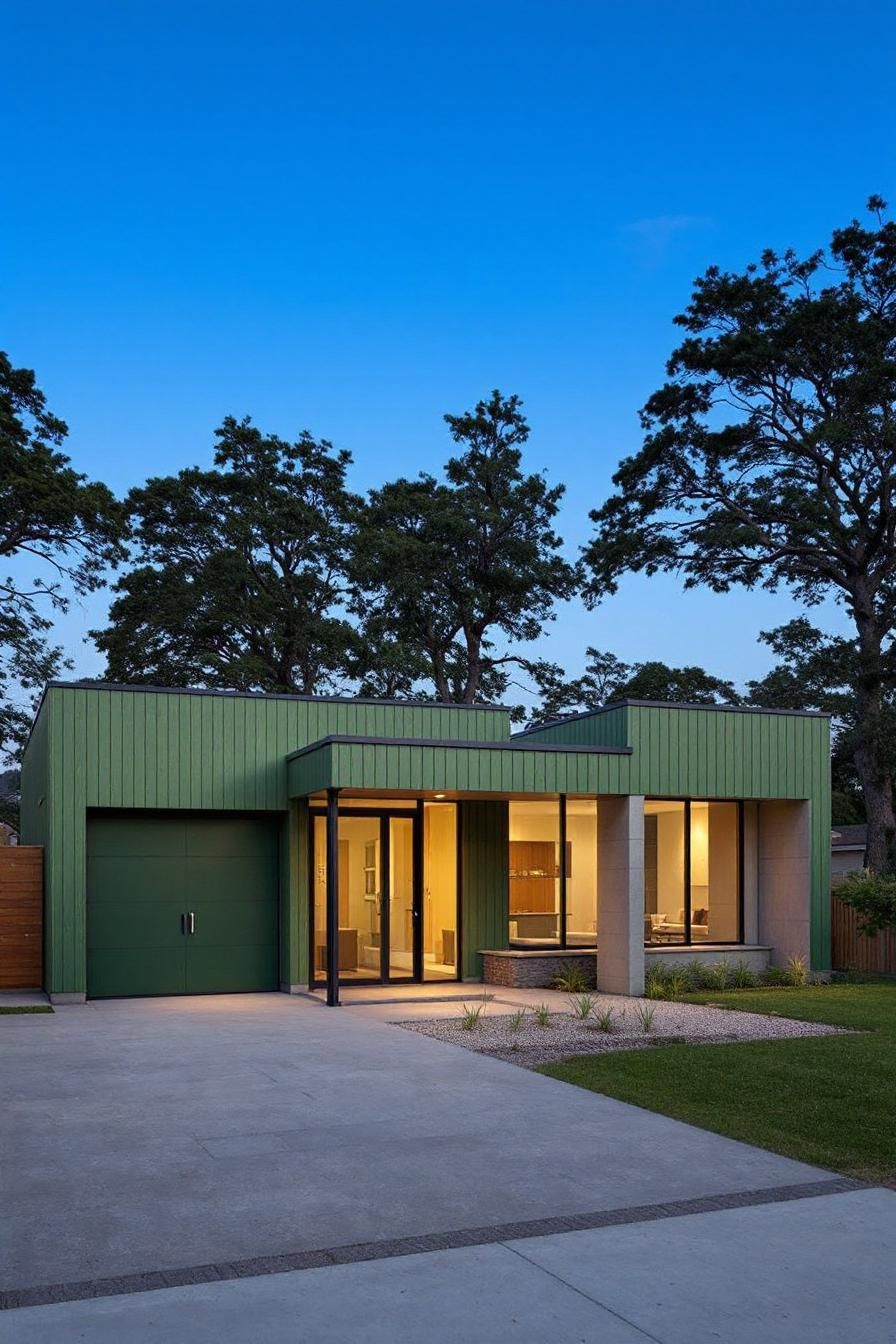 Green house exterior with illuminated interior seen at dusk