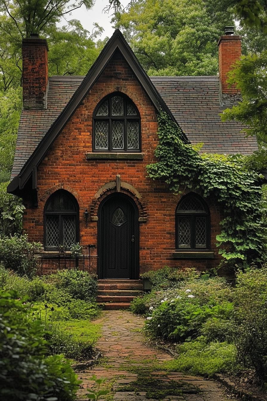 Cozy brick cottage with arched windows and ivy