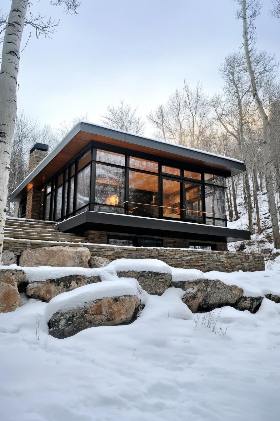 Modern cabin with large windows overlooking a snowy landscape