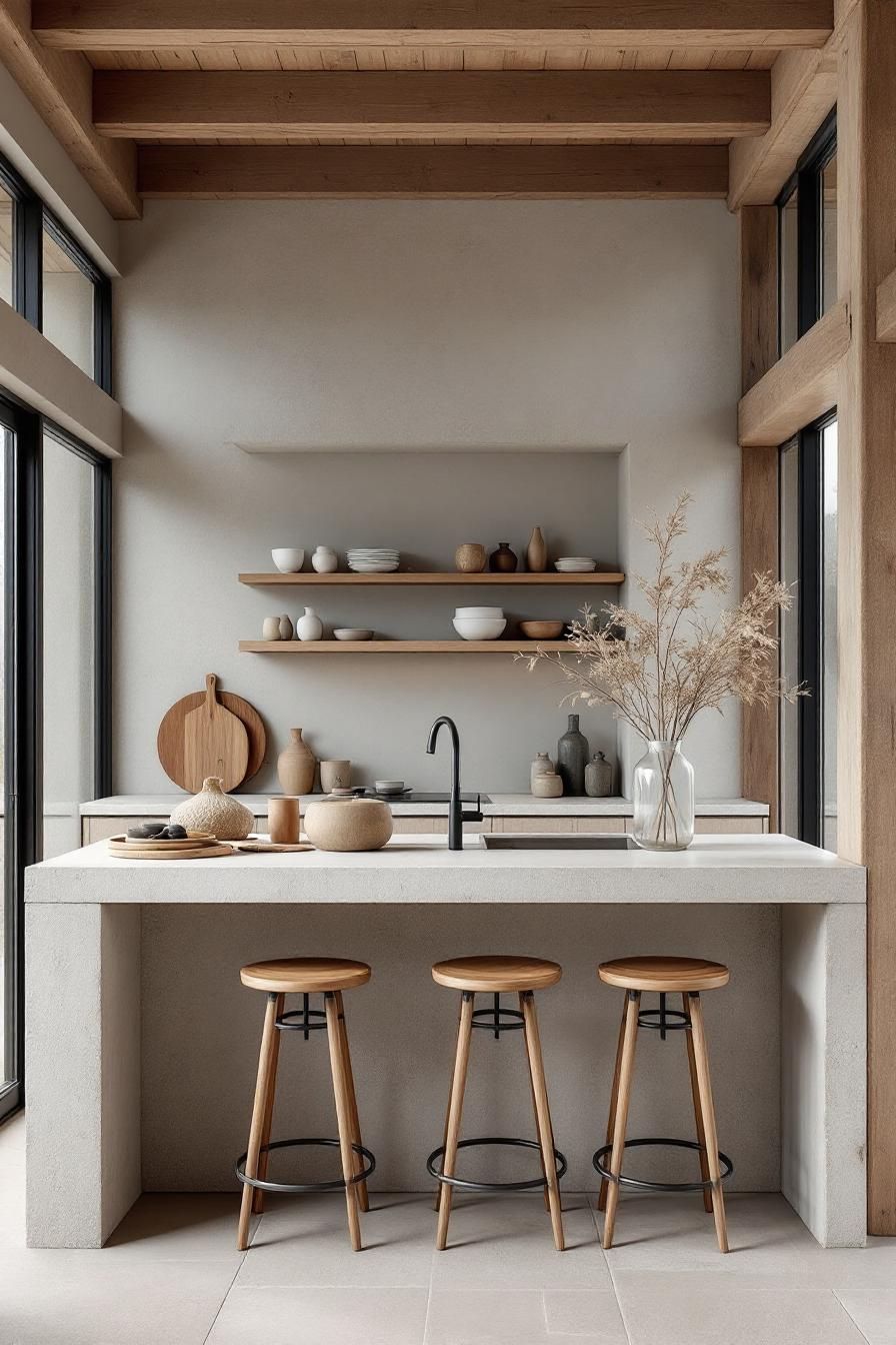 Minimalist kitchen with wooden stools and shelves