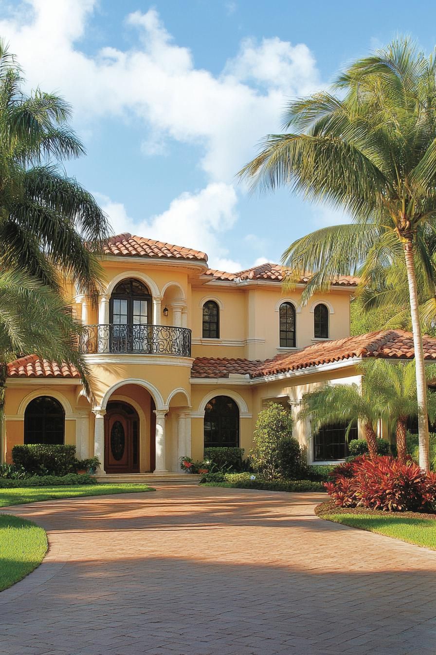 Mediterranean-style villa with terracotta roof and lush palms