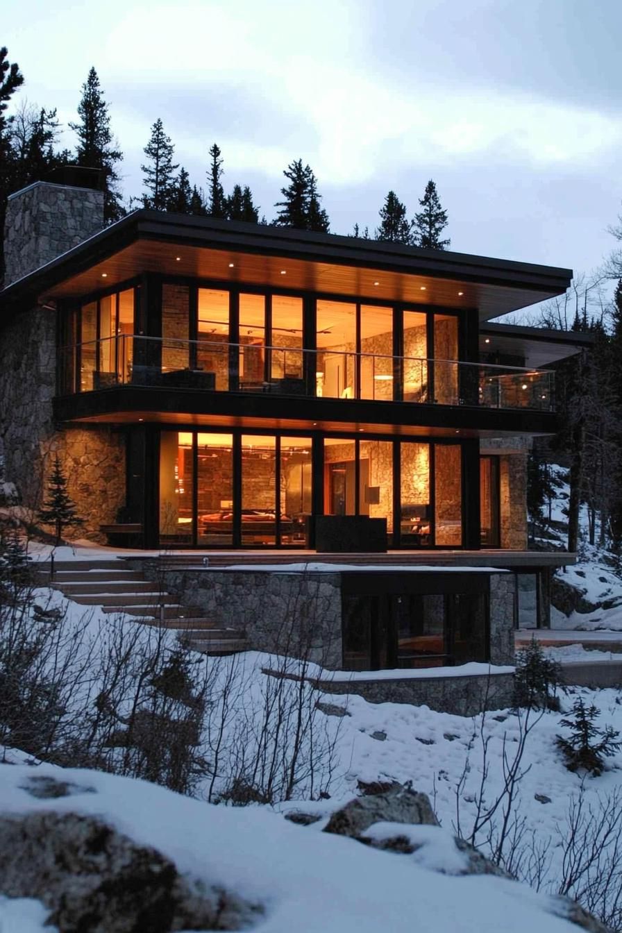 Glass-fronted mountain cabin illuminated in the snow