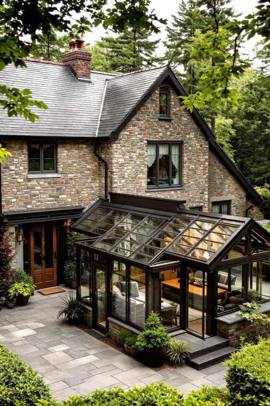 Stone cottage with a glass conservatory surrounded by lush greenery