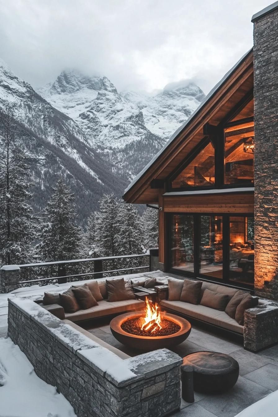 modern stone chalet in the mountains in winter large patio with firepit overlooking majesting mountains in snow