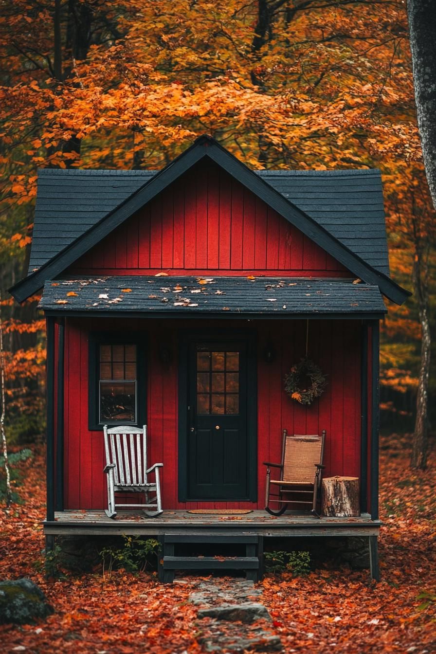 Small red cabin with black roof surrounded by fall foliage