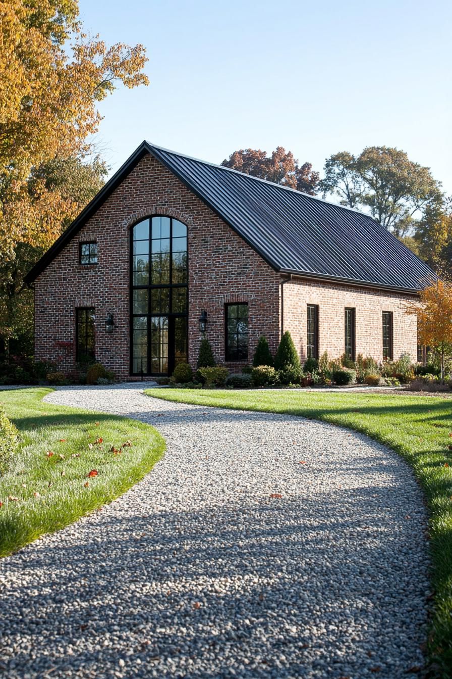 Charming brick barn house with vibrant autumn foliage