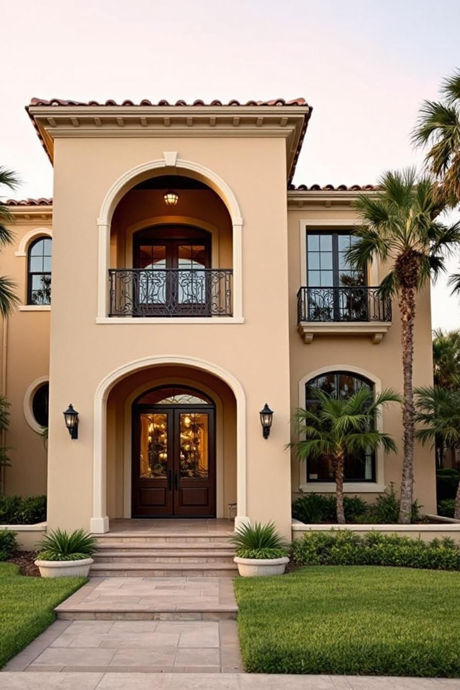 Elegant villa facade with palm trees and arches