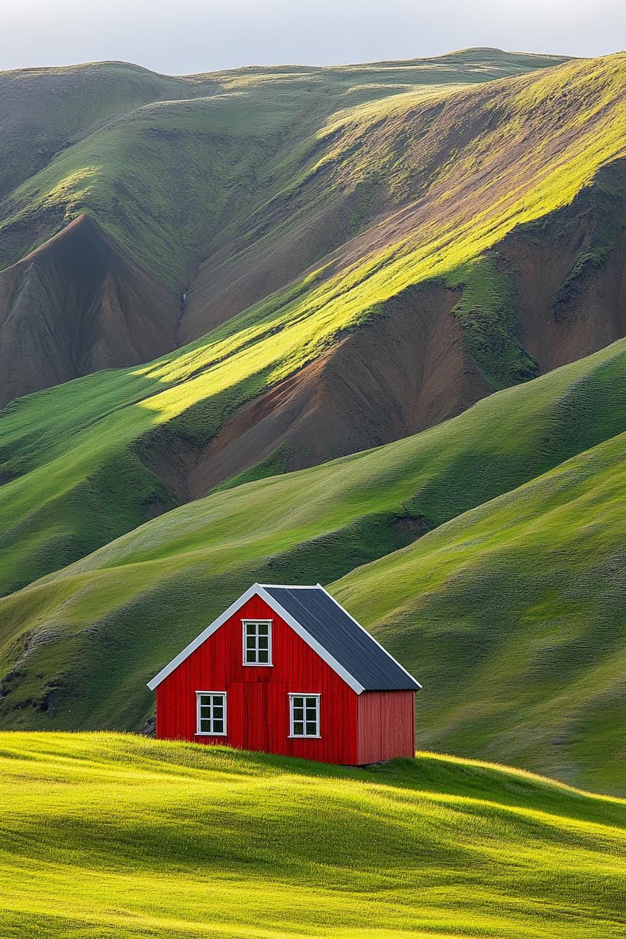 Red cabin nestled on a green hillside