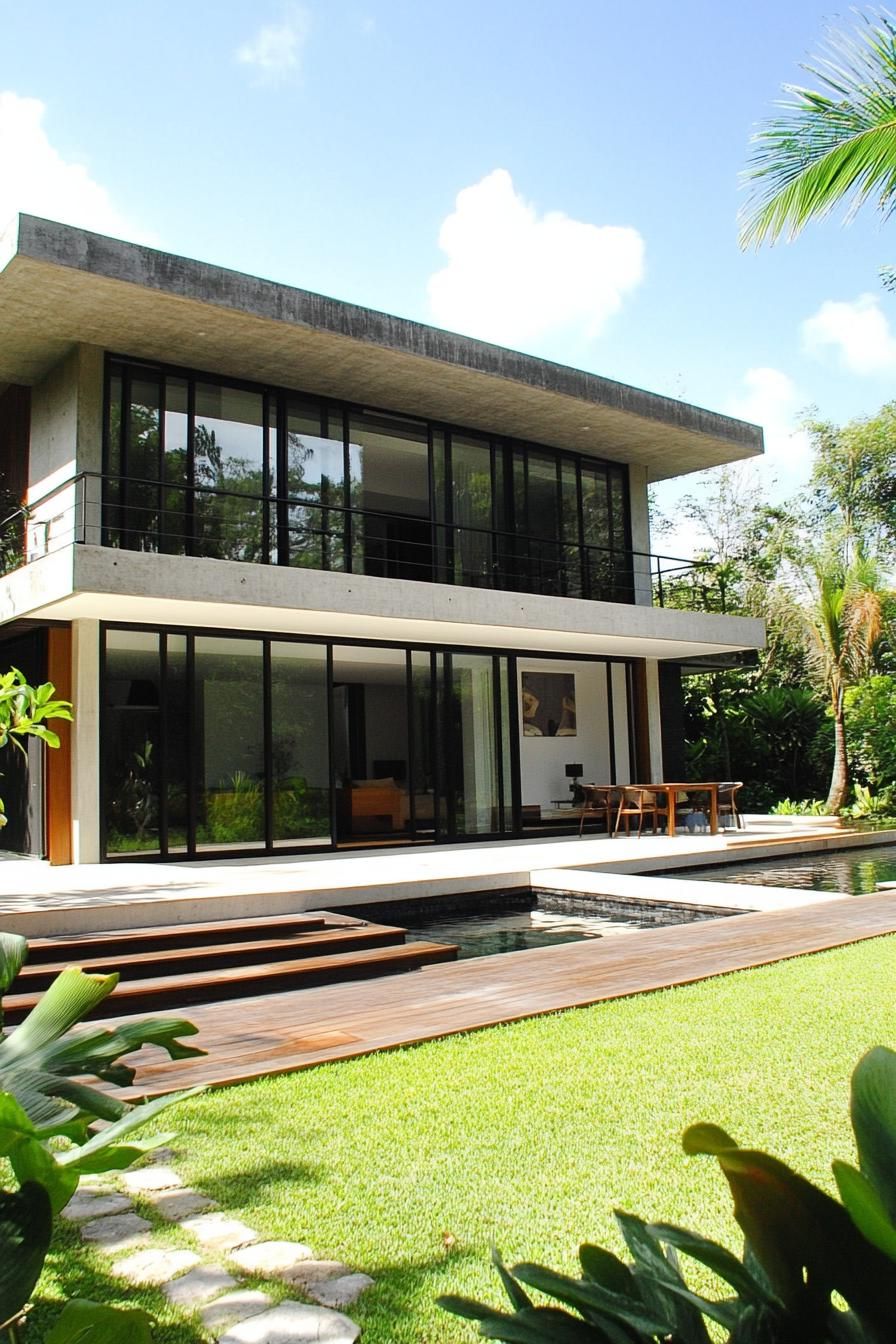 Contemporary two-story house with large glass windows and lush greenery