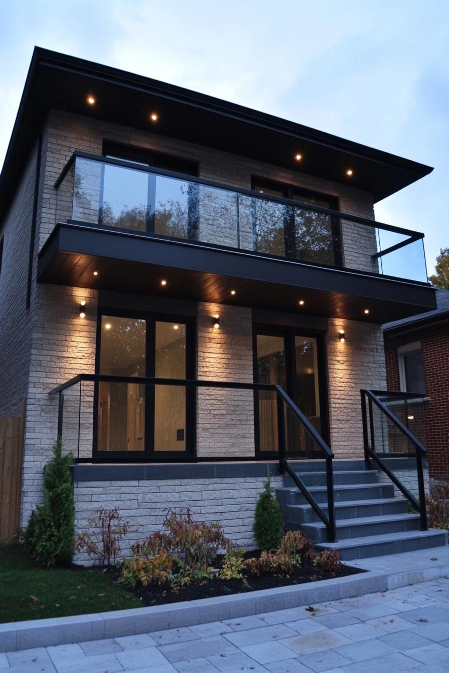 modern villa design with limestone brick siding balconies with glass railings black thick roof eaves wiht LED lights front steps with LED lights