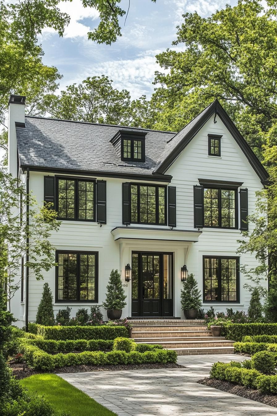 White house beautifully accented with black trim