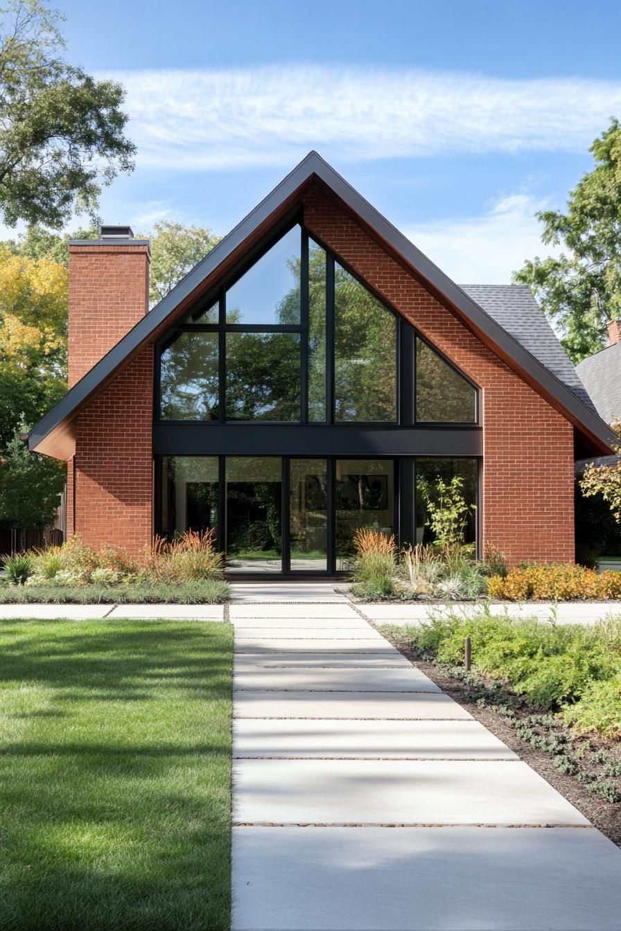 red brick village house with gabled roof large modern windows concrete paved front yard with lawn and native shrubs 3