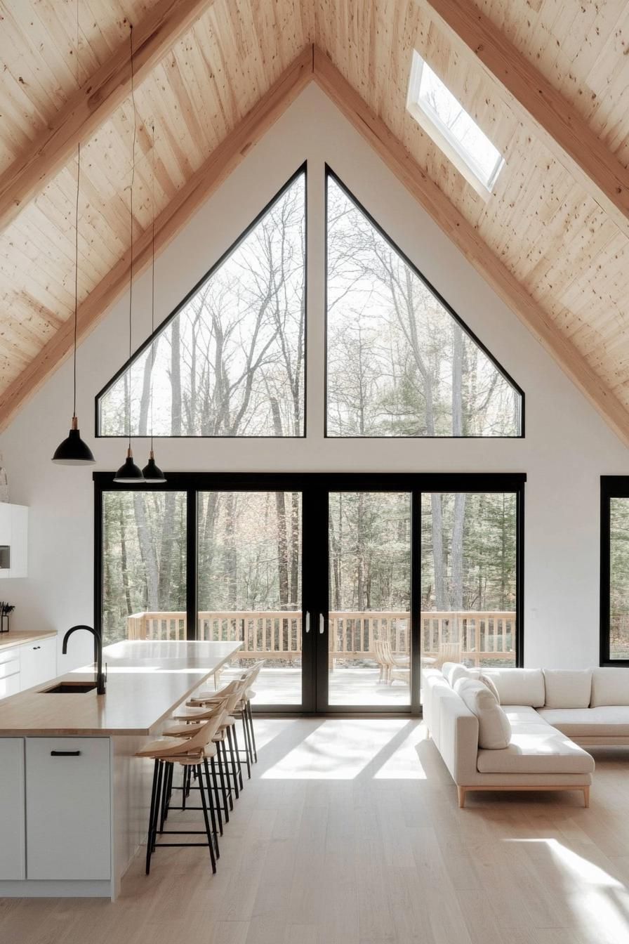 interior of an airy a frame house with light wood interior light natural wood ceiling white walls large windows with black trim open plan kitchen 2