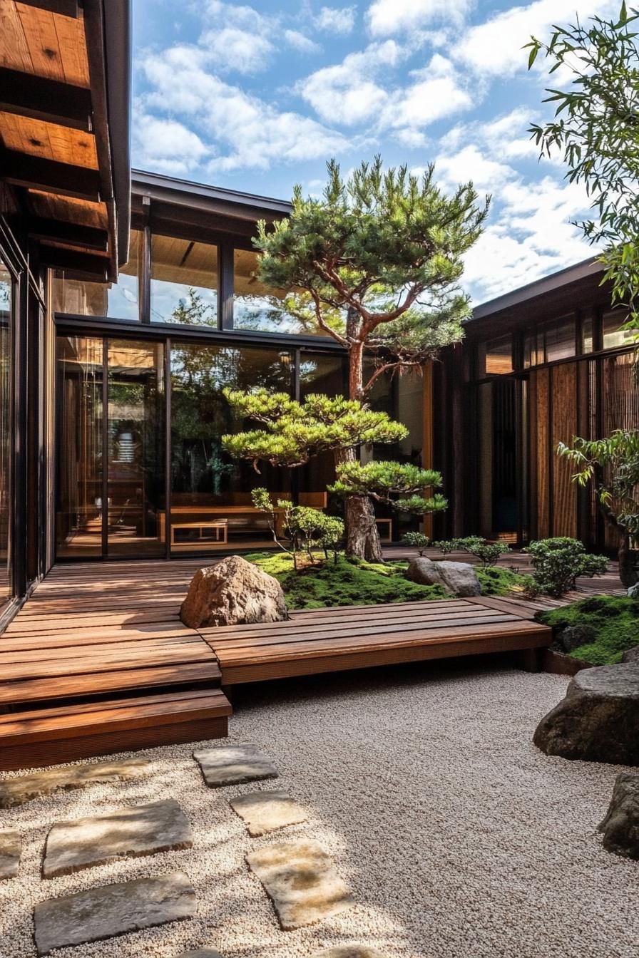 Japanese courtyard with wooden deck and trees