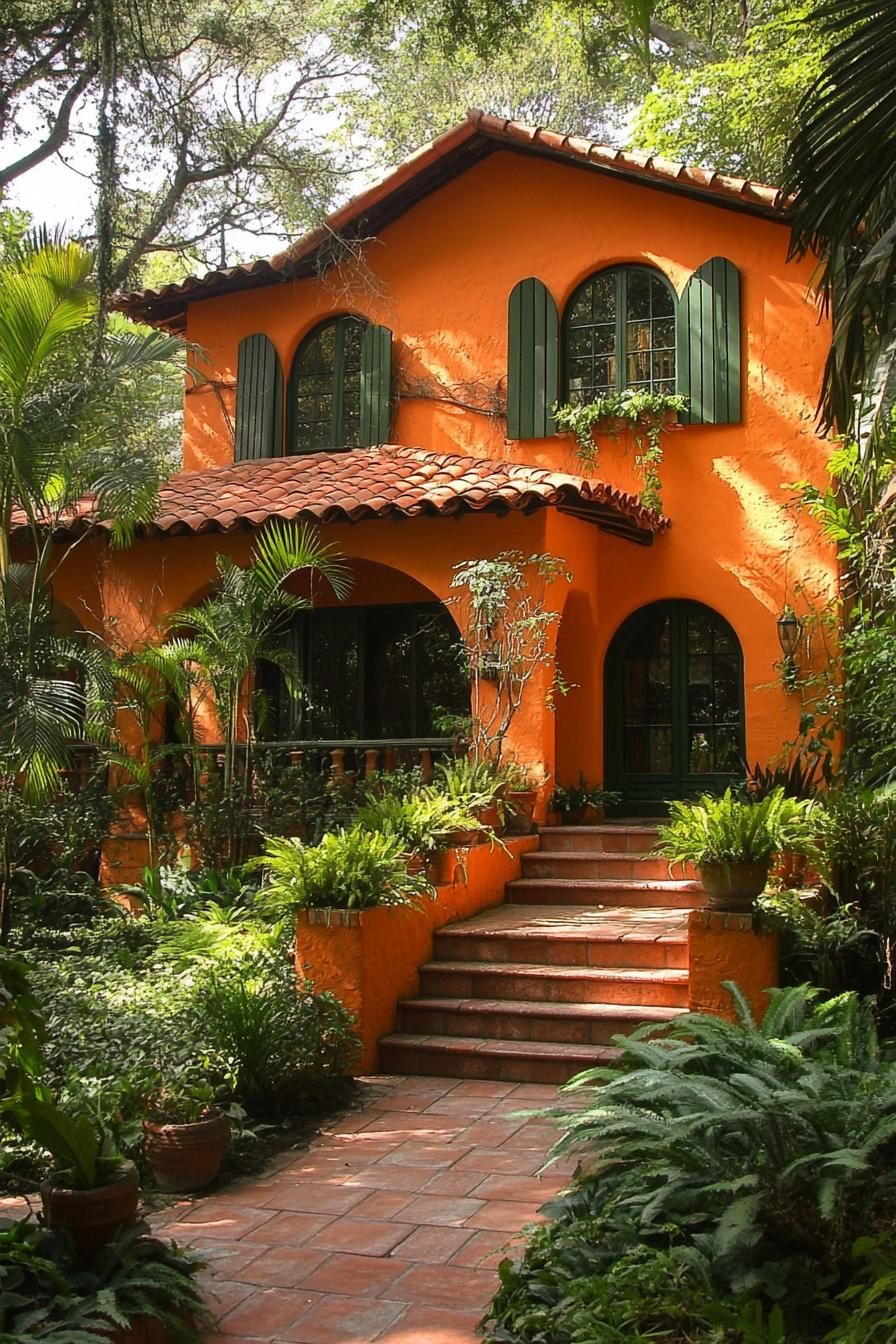 Orange house with green shutters surrounded by lush plants