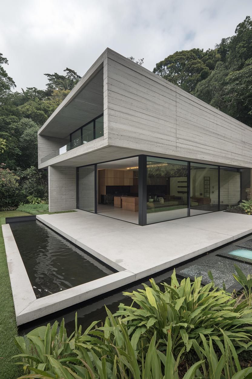 Modern concrete house with large windows and a reflecting pool