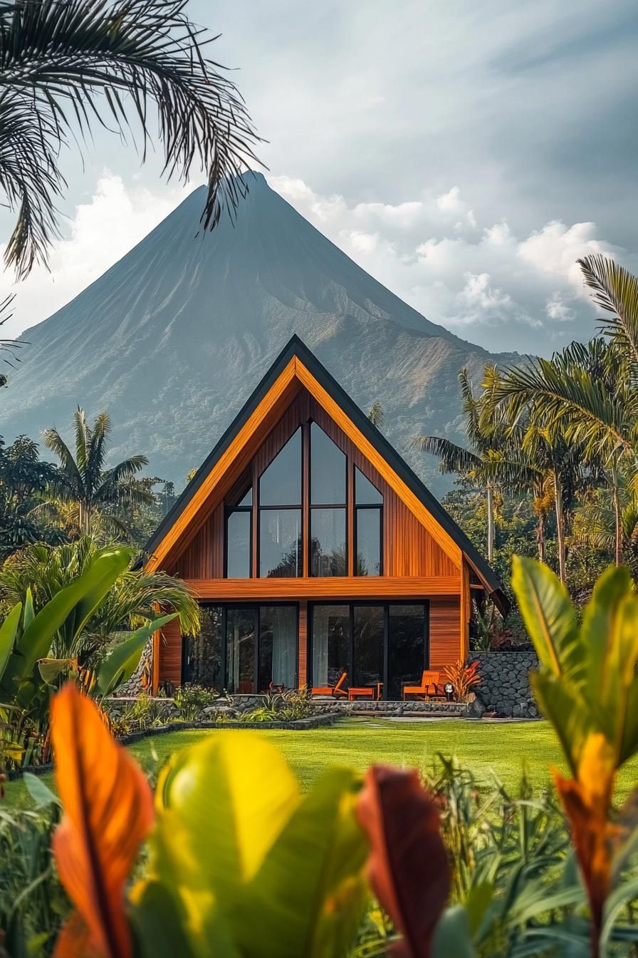 a frame facade house with timber cladding tropical landscape with tall palms majestic volcano in the background