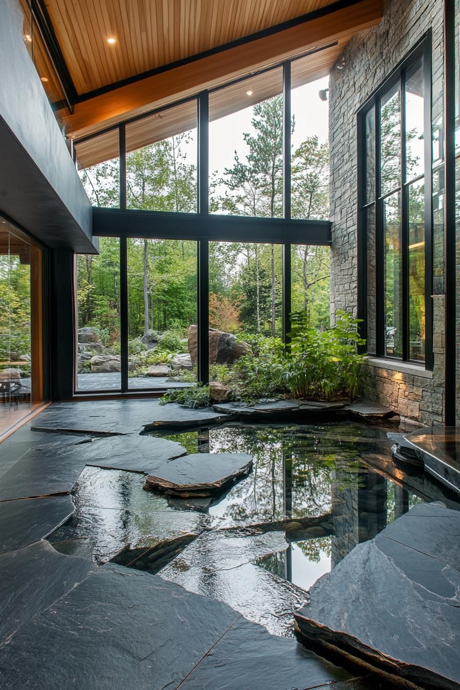 Indoor pond with stone walkway, surrounded by greenery and large windows