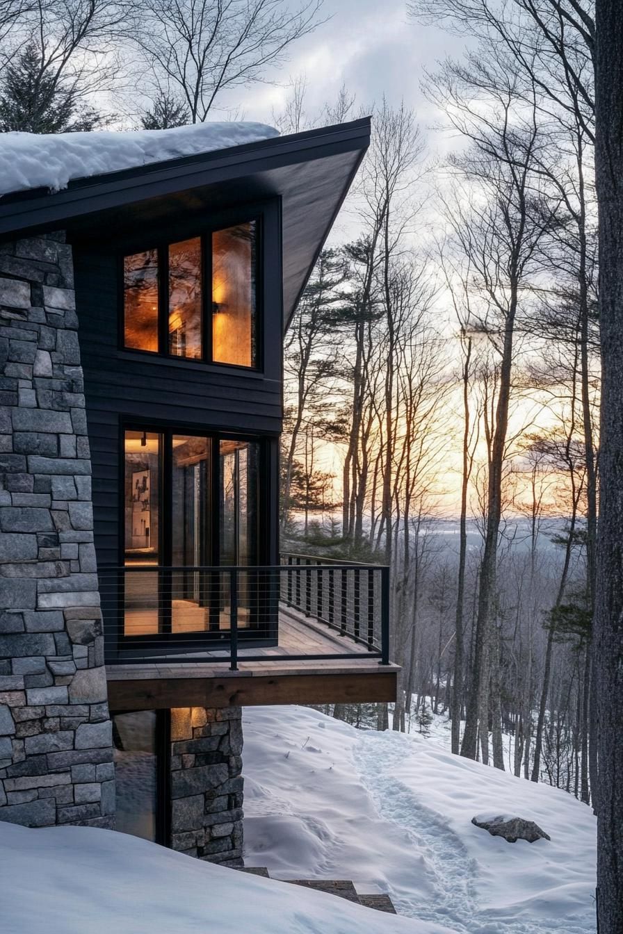 modern forest chalet in stone siding and dark wood details large porch with metal railings v 6.1