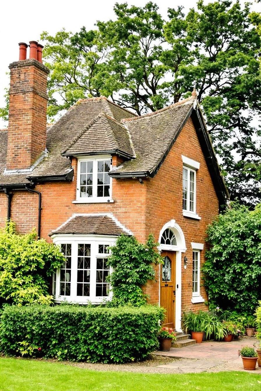 Brick cottage with lush greenery