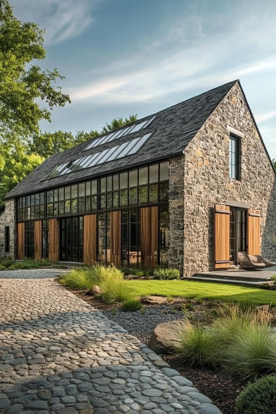 Modern stone barn with large windows and lush landscaping