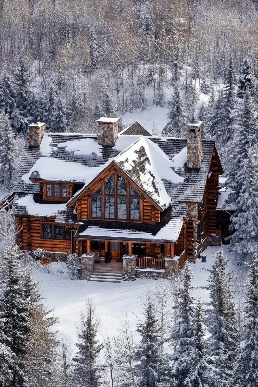 Cozy wooden cabin surrounded by snowy trees