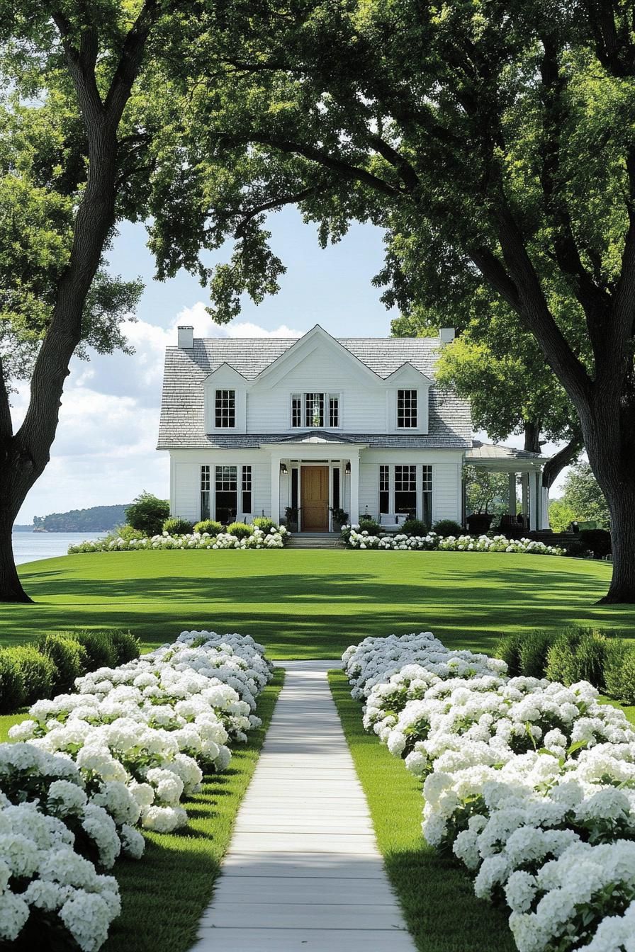 Charming white house with a lush garden pathway