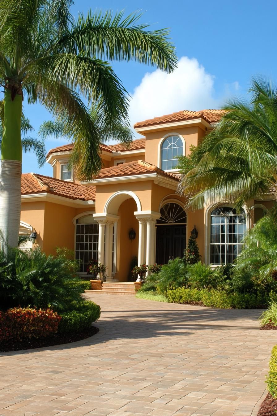 Mediterranean villa with palm trees and terracotta roof