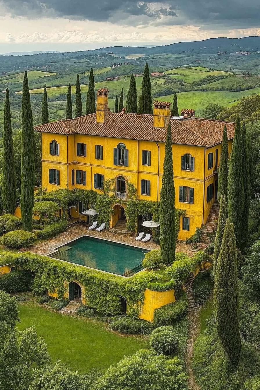 high angle view of an upkept italian villa in yellow stucco facade with vines yard surrounded by italian cypress pool green italian valley in the 2