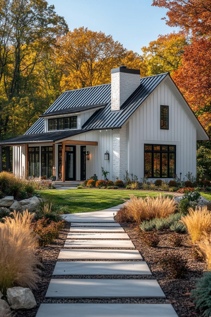 Modern barn house with vibrant fall foliage