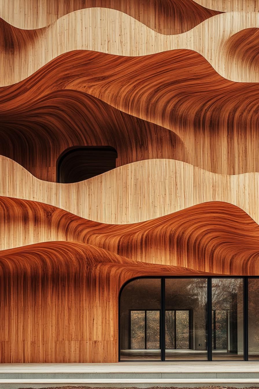 Flowing wooden facade with wave-like design