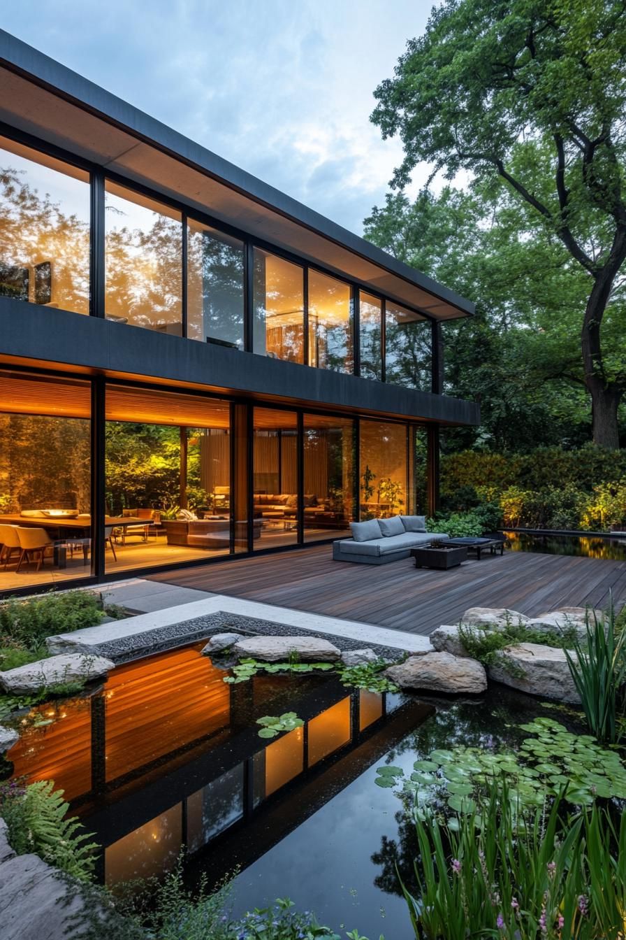 modern dark house courtyard with zen garden large glass windows wooden decks plush furniture pond with rocks and greenery tall lush trees in the 2