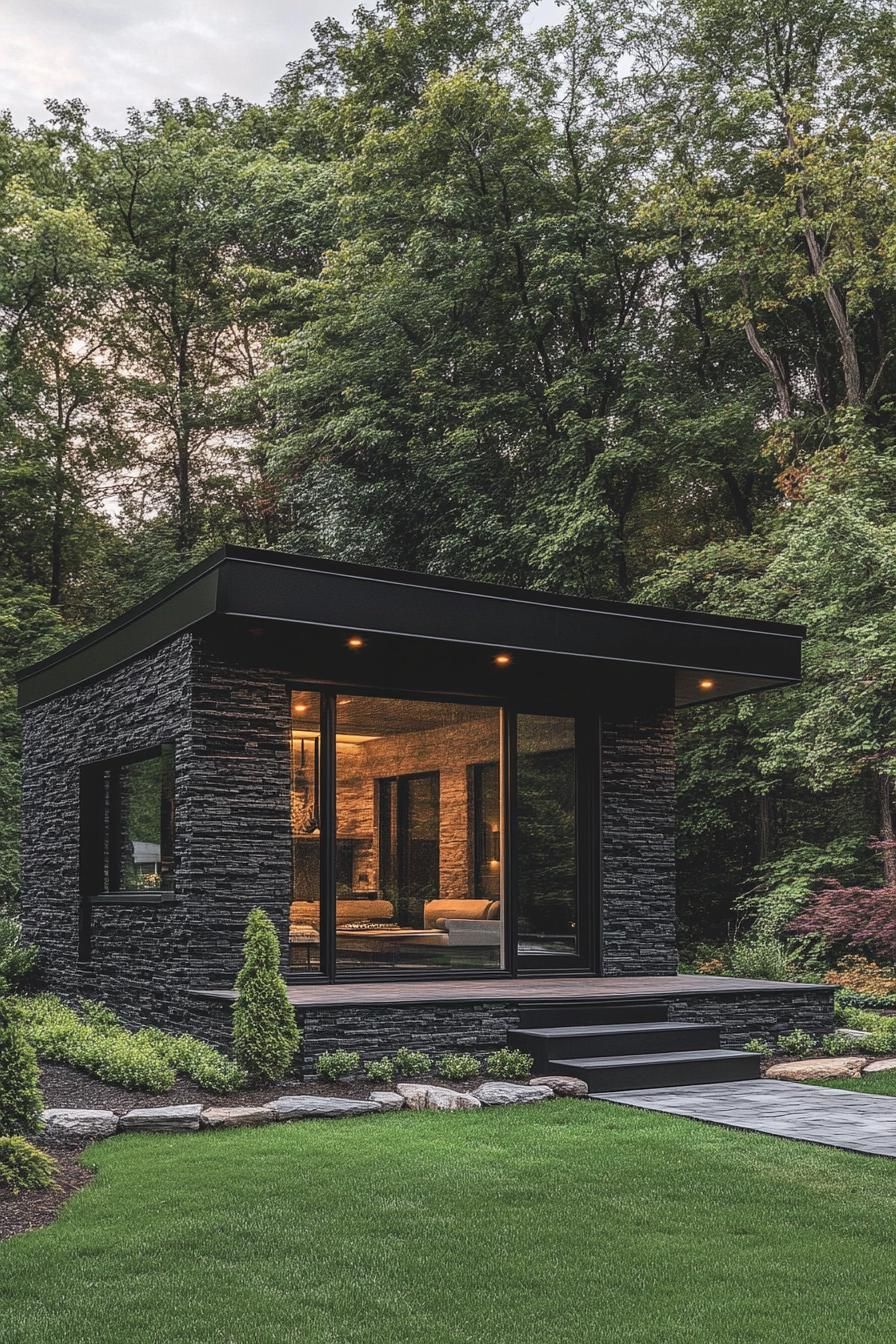 tiny modern luxury cabin with black slate siding black multi pitched roof stone foundations tiny front potch with steps large modern windows