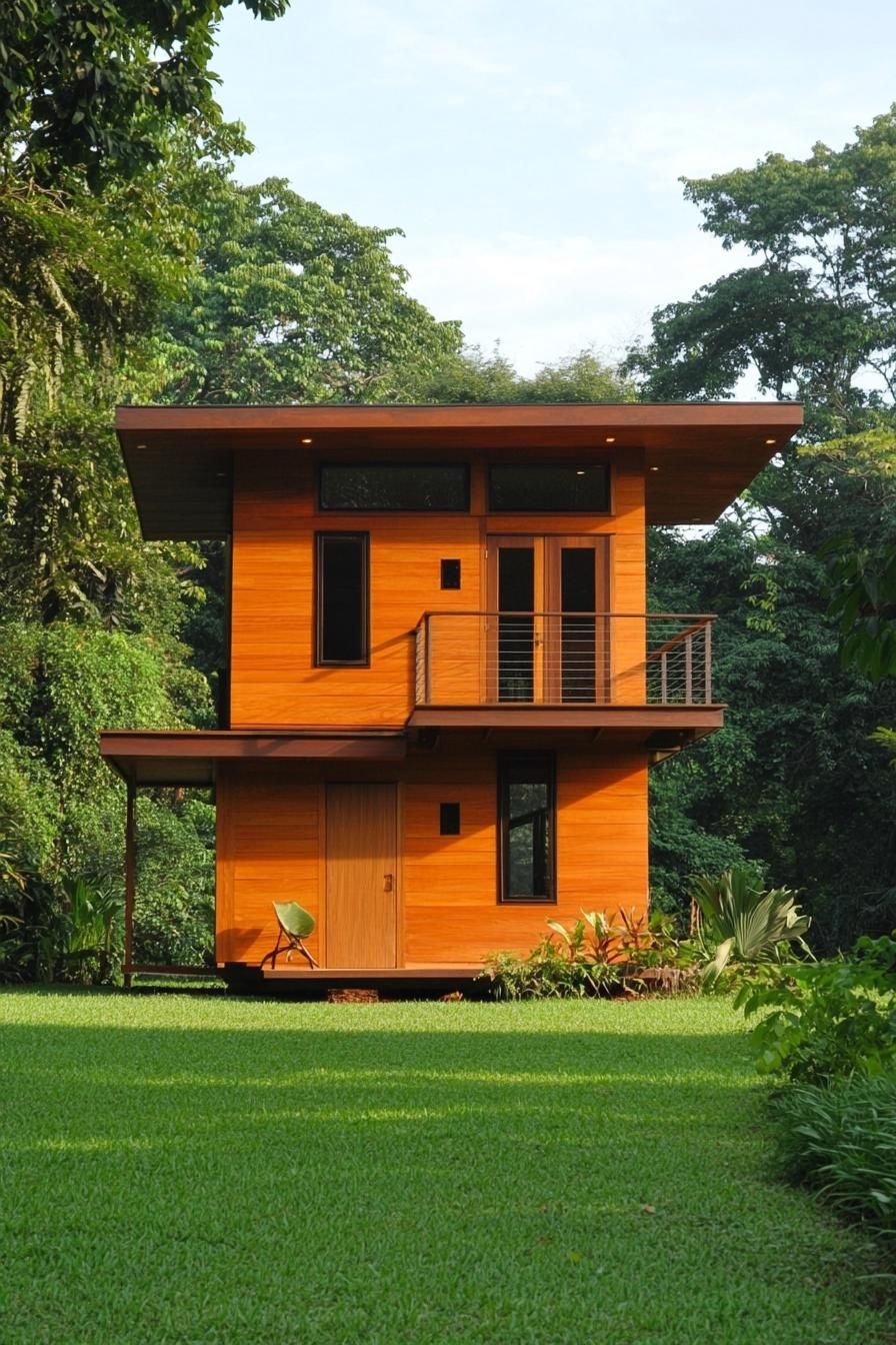 Two-story wooden shed house surrounded by greenery