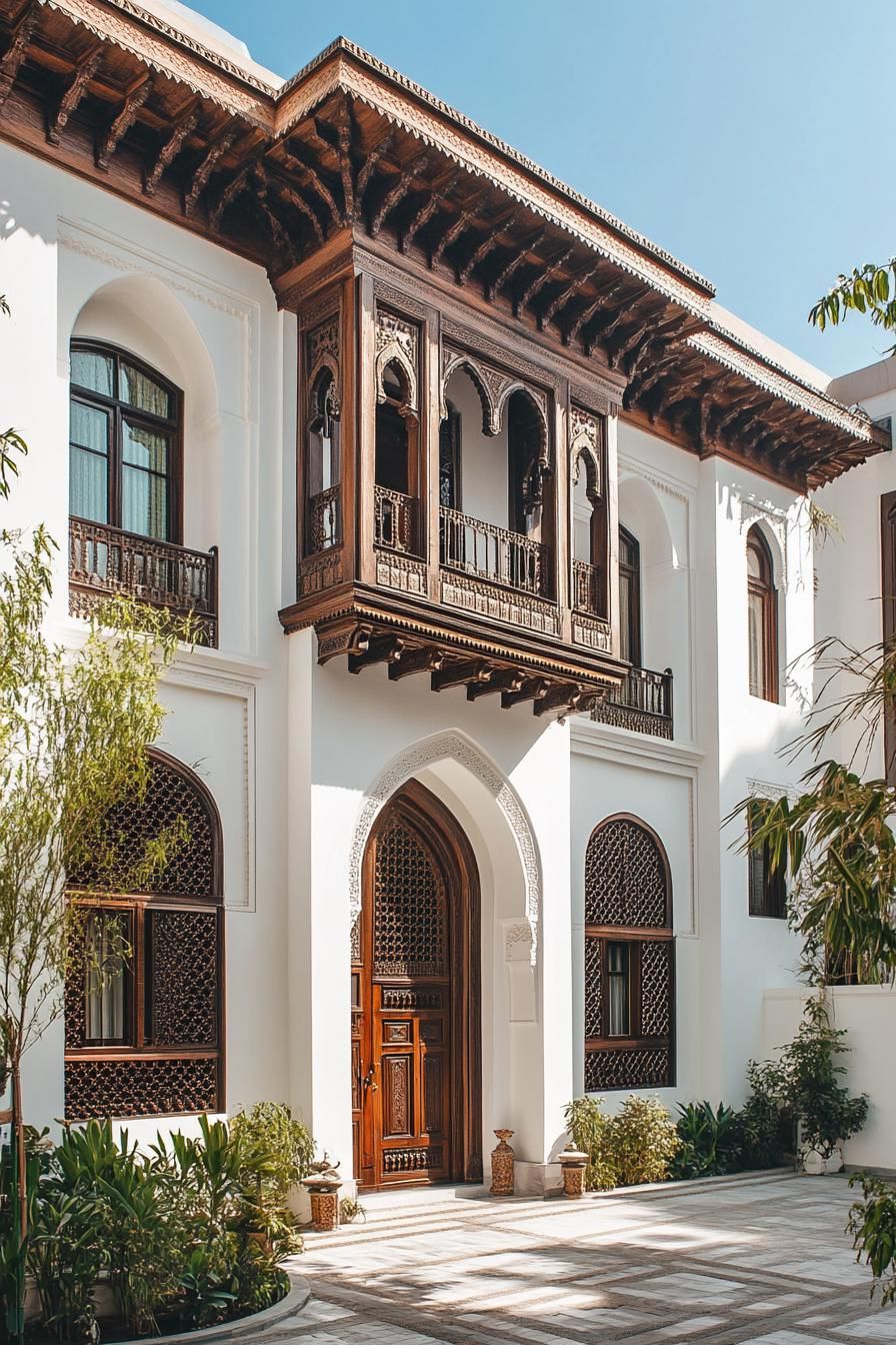 Elegant facade with intricate wooden balcony and arches