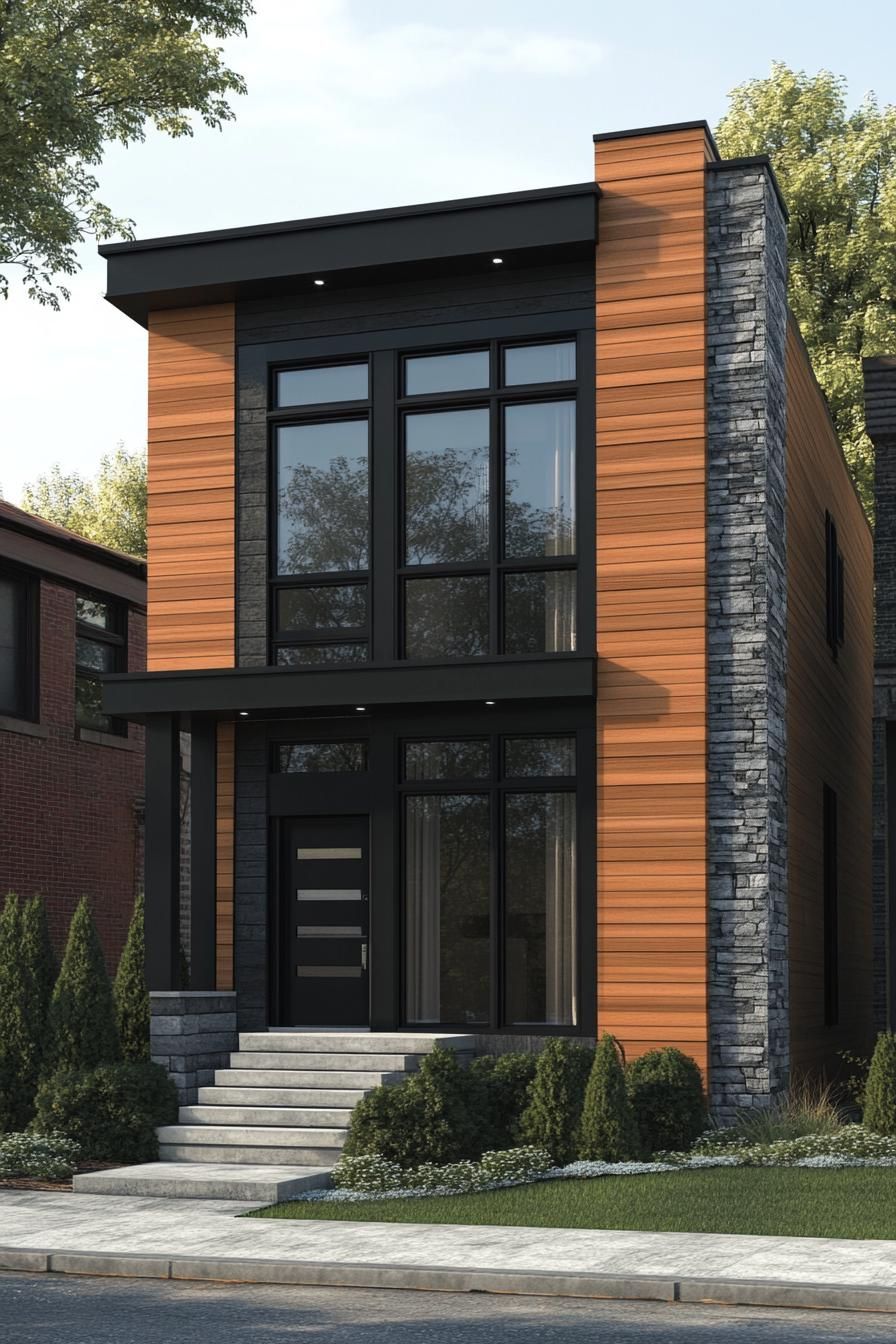 Modern house facade with wood and stone elements