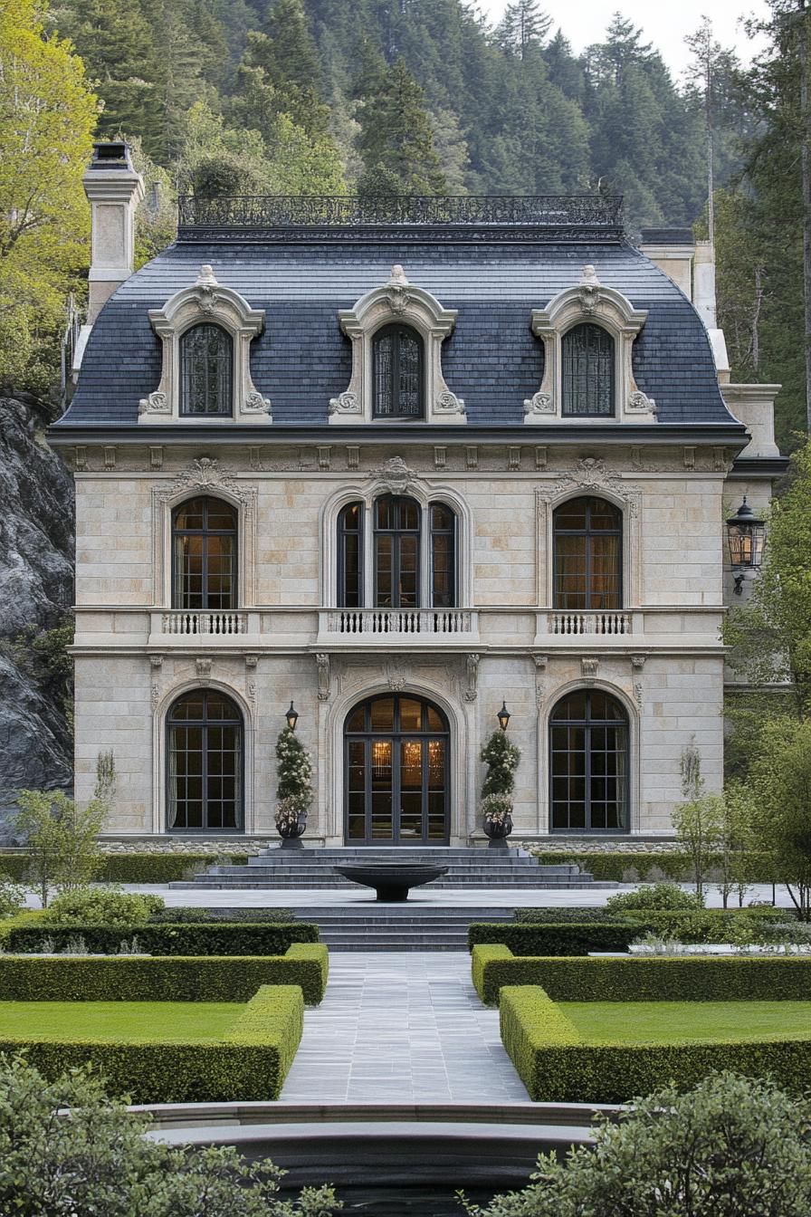 Luxurious manor framed by lush greenery and elegant pathways