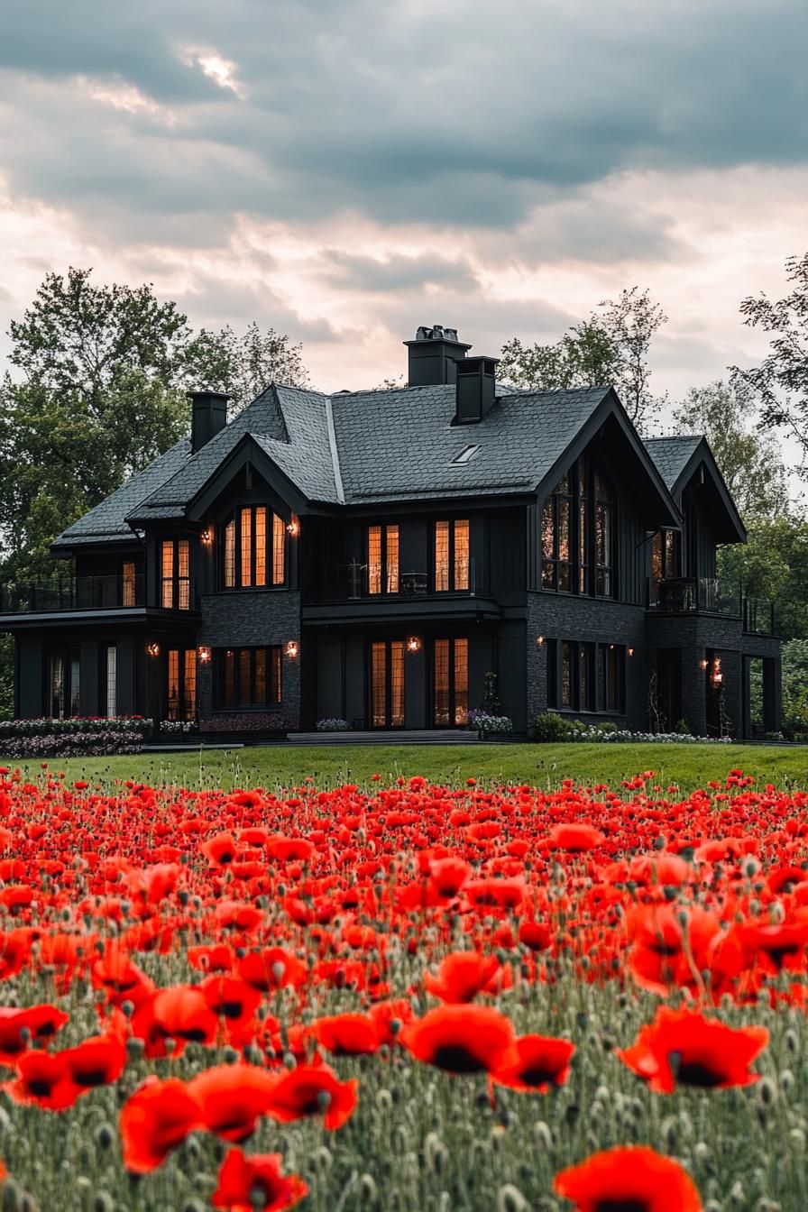 high angle view of large black modern manor house modern windows roof with gables and black shingles in a fields of red poppies contrasting colors