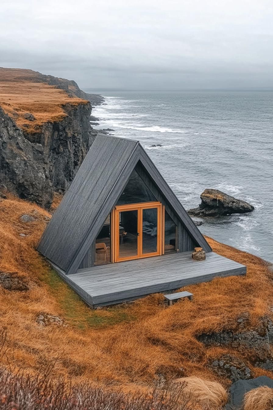 Rustic A-frame cabin perched on a cliffside